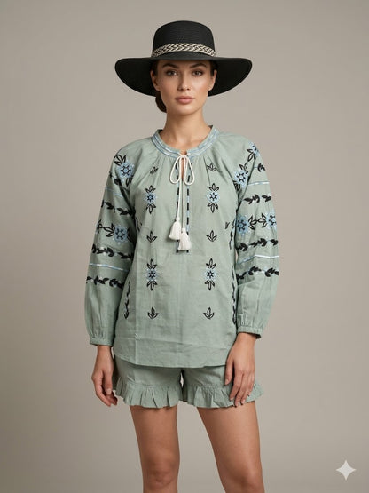 Sage Green Floral Embroidered Cotton 2 PICES SET