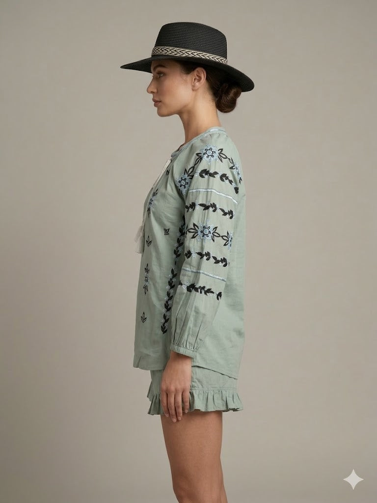Sage Green Floral Embroidered Cotton 2 PICES SET