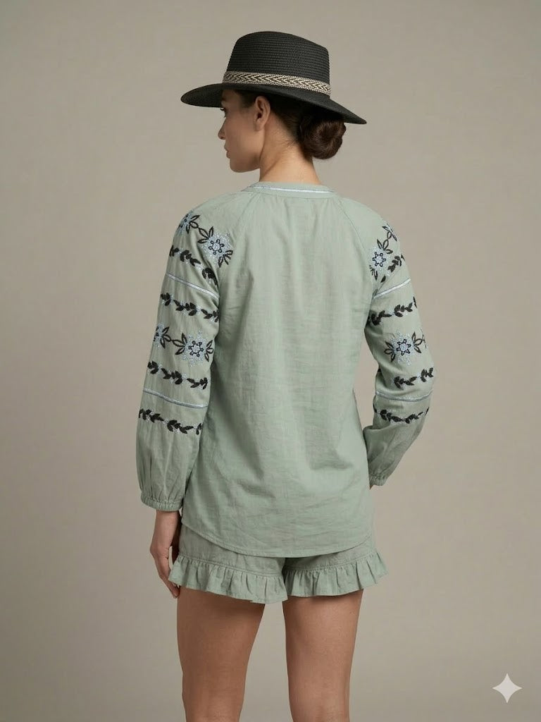 Sage Green Floral Embroidered Cotton 2 PICES SET