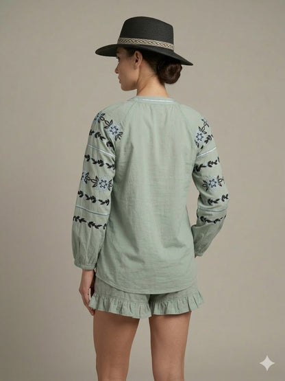 Sage Green Floral Embroidered Cotton 2 PICES SET