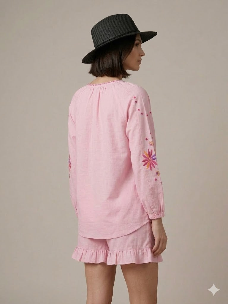 Pink Floral Embroidered Cotton Top & Ruffled Shorts 2 PICES SET
