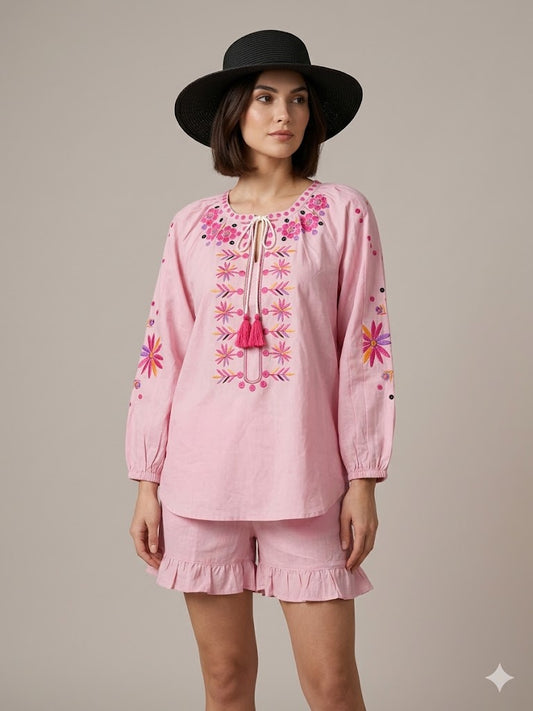 Pink Floral Embroidered Cotton Top & Ruffled Shorts 2 PICES SET