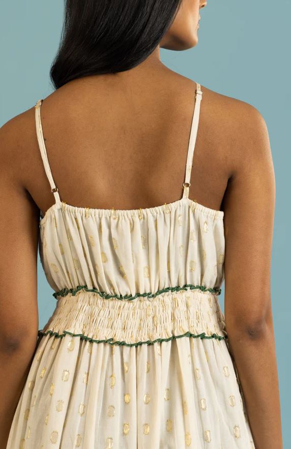 Orange Green Floral Embroidered Tiered Boho Maxi Sun Dress | Cotton Spaghetti Strap Tassel Smocked Beach Vacation Dress with Gold Dots | Summer Boho Goddess Resort Wear for Women