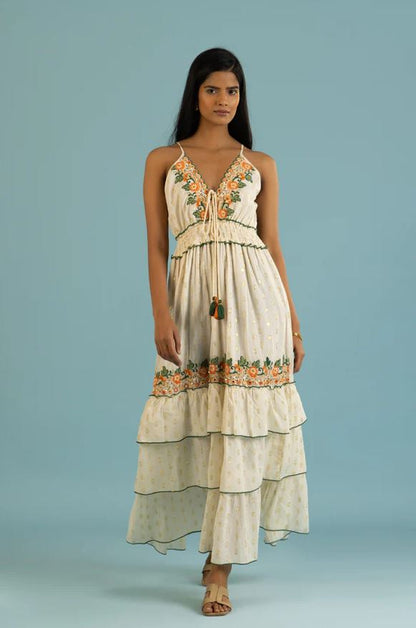 Orange Green Floral Embroidered Tiered Boho Maxi Sun Dress | Cotton Spaghetti Strap Tassel Smocked Beach Vacation Dress with Gold Dots | Summer Boho Goddess Resort Wear for Women
