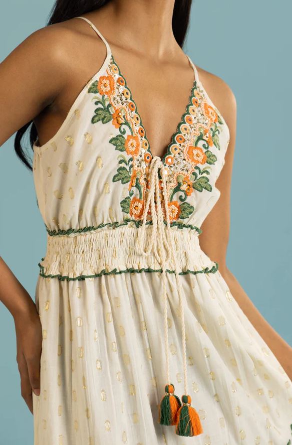 Orange Green Floral Embroidered Tiered Boho Maxi Sun Dress | Cotton Spaghetti Strap Tassel Smocked Beach Vacation Dress with Gold Dots | Summer Boho Goddess Resort Wear for Women