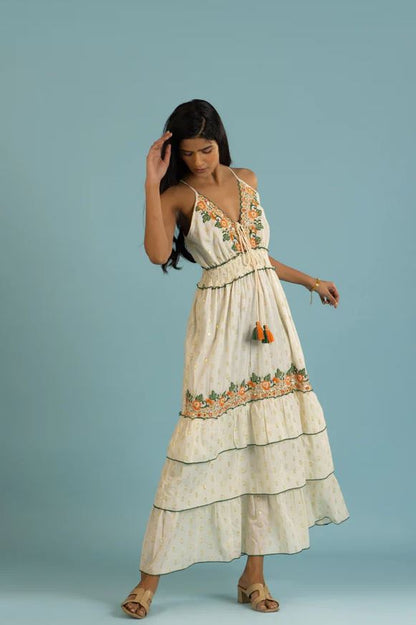 Orange Green Floral Embroidered Tiered Boho Maxi Sun Dress | Cotton Spaghetti Strap Tassel Smocked Beach Vacation Dress with Gold Dots | Summer Boho Goddess Resort Wear for Women