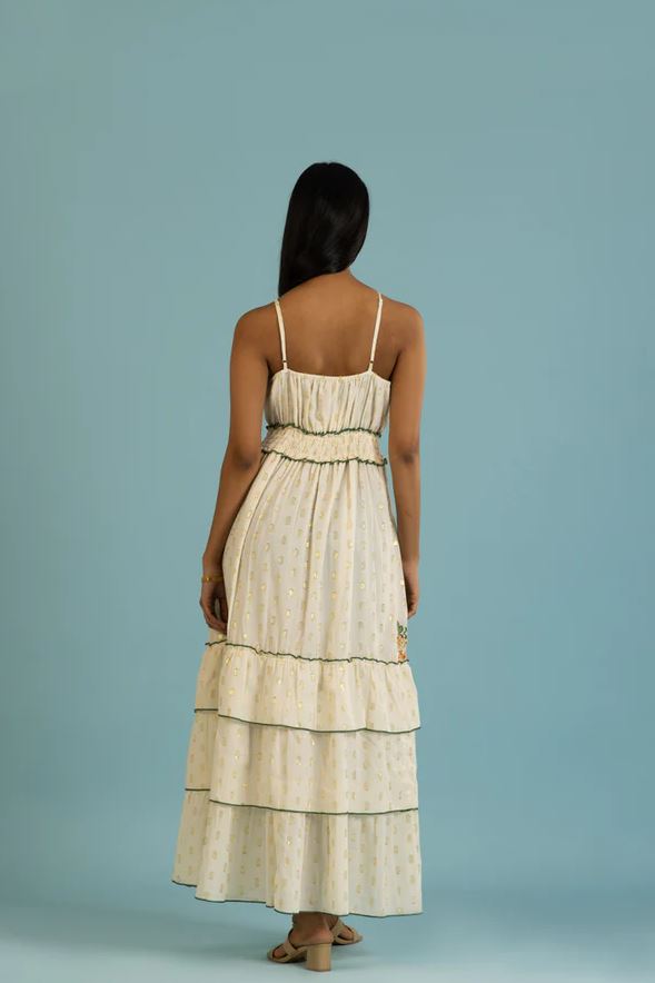 Orange Green Floral Embroidered Tiered Boho Maxi Sun Dress | Cotton Spaghetti Strap Tassel Smocked Beach Vacation Dress with Gold Dots | Summer Boho Goddess Resort Wear for Women