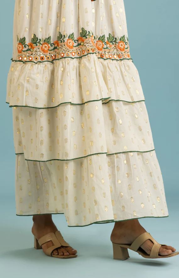 Orange Green Floral Embroidered Tiered Boho Maxi Sun Dress | Cotton Spaghetti Strap Tassel Smocked Beach Vacation Dress with Gold Dots | Summer Boho Goddess Resort Wear for Women