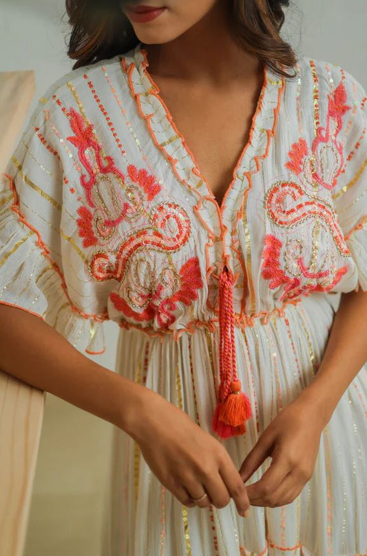 Coral Orange Sequin Embroidered Cotton Boho Maxi Dress | Flutter Ruffle Sleeve Tiered Tassel Beach Vacation Kaftan | Summer Resort Boho Chic Dress for Women