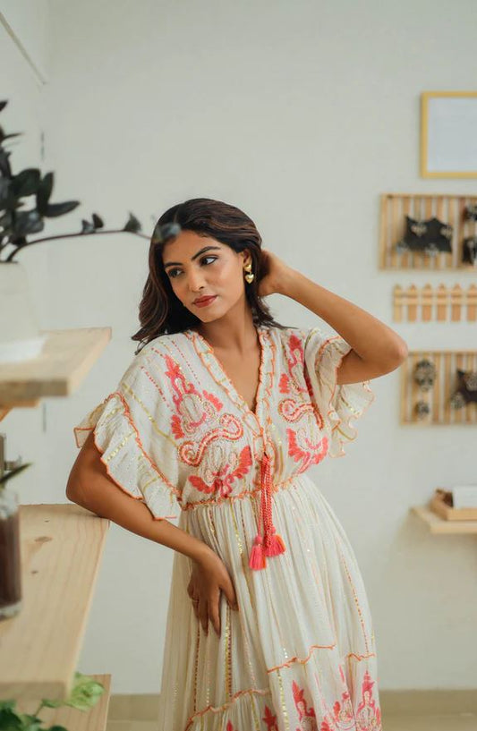 Coral Orange Sequin Embroidered Cotton Boho Maxi Dress | Flutter Ruffle Sleeve Tiered Tassel Beach Vacation Kaftan | Summer Resort Boho Chic Dress for Women