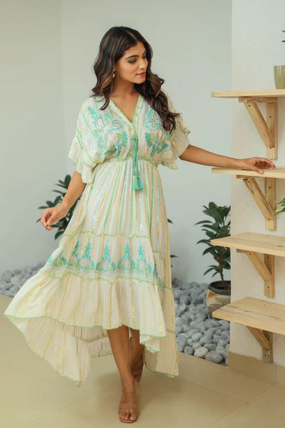 Turquoise Green Sequin Embroidered Cotton Boho Kaftan Maxi Dress | Flutter Sleeve Tiered Ruffle Tassel Beach Vacation Dress with Gold Stripes | Summer Resort Boho Chic for Women