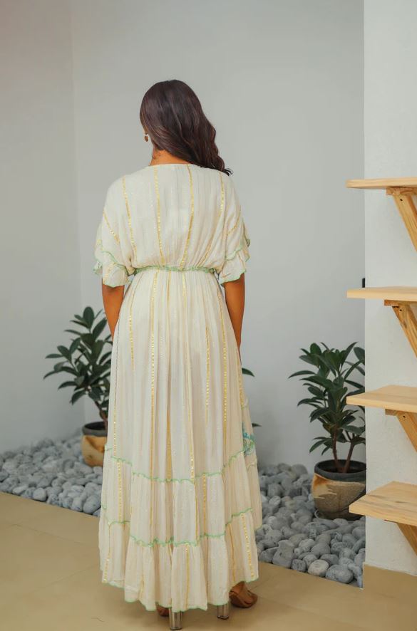 Turquoise Green Sequin Embroidered Cotton Boho Kaftan Maxi Dress | Flutter Sleeve Tiered Ruffle Tassel Beach Vacation Dress with Gold Stripes | Summer Resort Boho Chic for Women