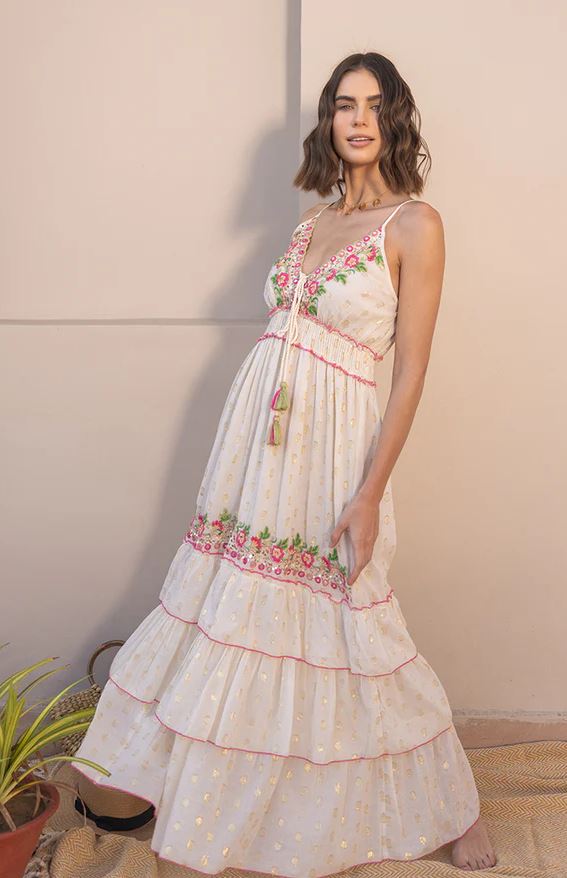 White Floral Embroidered Tiered Boho Maxi Dress | Cotton Spaghetti Strap Sun Dress with Mirror Work Tassel Tie | Summer Beach Vacation Boho Dress for Women