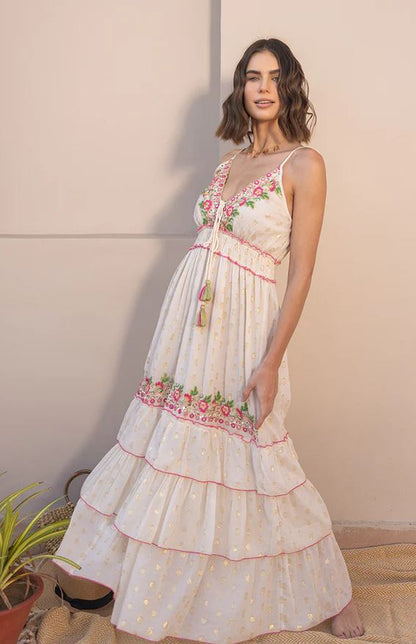 White Floral Embroidered Tiered Boho Maxi Dress | Cotton Spaghetti Strap Sun Dress with Mirror Work Tassel Tie | Summer Beach Vacation Boho Dress for Women