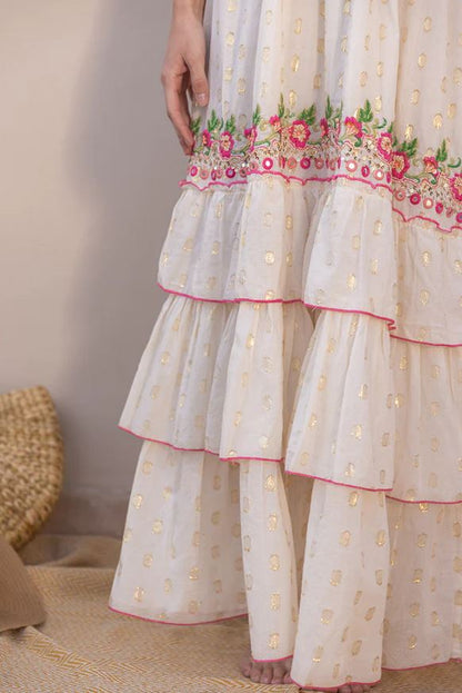 White Floral Embroidered Tiered Boho Maxi Dress | Cotton Spaghetti Strap Sun Dress with Mirror Work Tassel Tie | Summer Beach Vacation Boho Dress for Women