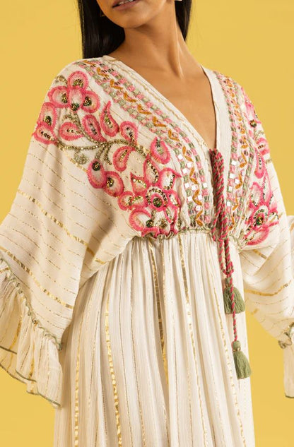 Boho White Pink Floral Embroidered Cotton Maxi Kaftan Dress | Mirror Sequin Ruffle Tassel Beach Vacation Dress with Pink & Green Embroidery | Summer Boho Chic Resort Wear for Women