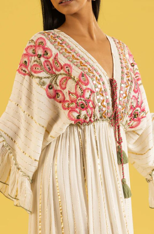Boho White Pink Floral Embroidered Cotton Maxi Kaftan Dress | Mirror Sequin Ruffle Tassel Beach Vacation Dress with Pink & Green Embroidery | Summer Boho Chic Resort Wear for Women