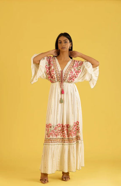 Boho White Pink Floral Embroidered Cotton Maxi Kaftan Dress | Mirror Sequin Ruffle Tassel Beach Vacation Dress with Pink & Green Embroidery | Summer Boho Chic Resort Wear for Women