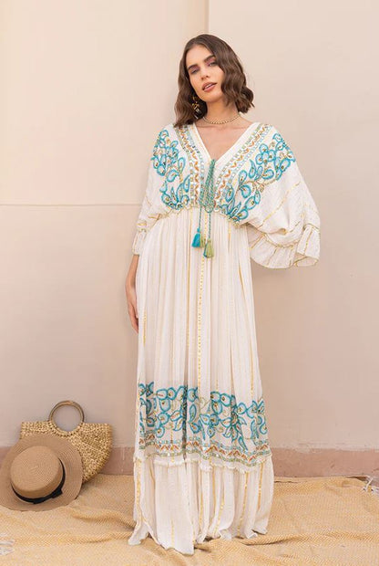 oho White Embroidered Cotton Maxi Kaftan Dress | Flowy Ruffle Tassel Beach Vacation Dress with Blue & Orange Floral Embroidery | Summer Boho Chic for Women