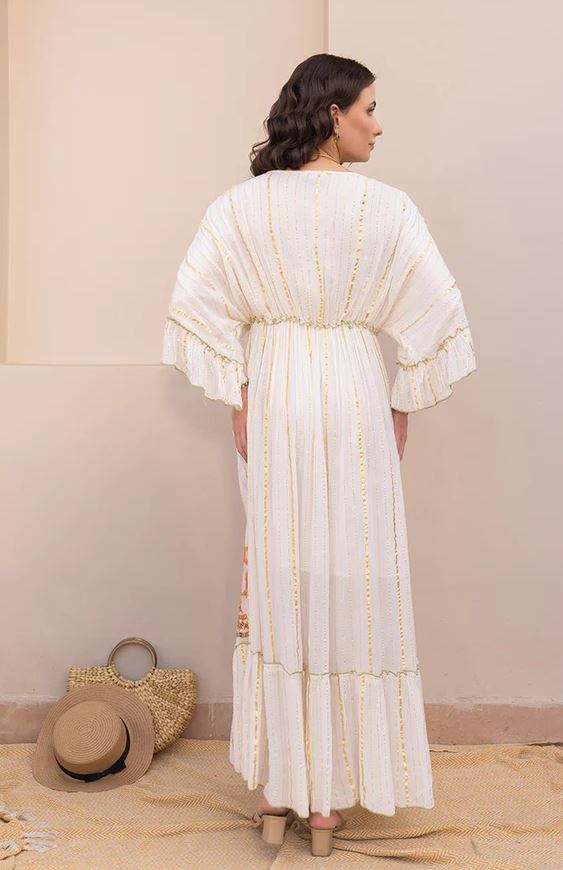 oho White Embroidered Cotton Maxi Kaftan Dress | Flowy Ruffle Tassel Beach Vacation Dress with Blue & Orange Floral Embroidery | Summer Boho Chic for Women