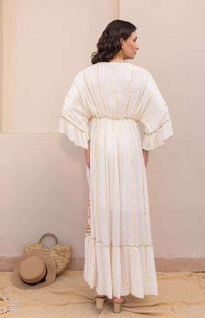 oho White Embroidered Cotton Maxi Kaftan Dress | Flowy Ruffle Tassel Beach Vacation Dress with Blue & Orange Floral Embroidery | Summer Boho Chic for Women
