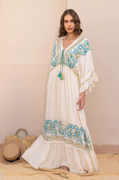 oho White Embroidered Cotton Maxi Kaftan Dress | Flowy Ruffle Tassel Beach Vacation Dress with Blue & Orange Floral Embroidery | Summer Boho Chic for Women