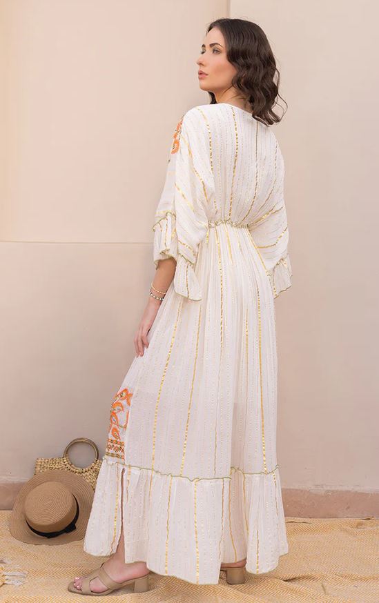 oho White Embroidered Cotton Maxi Kaftan Dress | Flowy Ruffle Tassel Beach Vacation Dress with Blue & Orange Floral Embroidery | Summer Boho Chic for Women