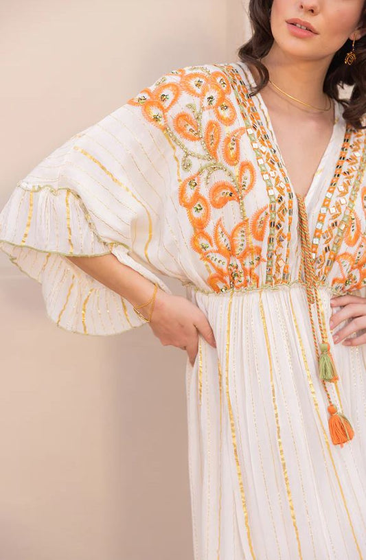 White Orange Paisley Boho Maxi Dress | Hand-Embroidered Cotton Tiered Gown with Mirror Work, Ruffle Sleeves & Tassel Tie | Summer Festival Resort Dress
