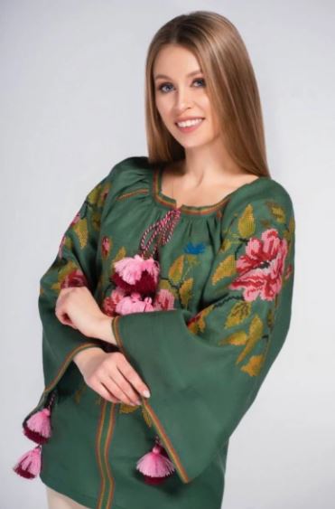 Green Floral Embroidered Cotton Boho Top | Oversized Tassel Sleeve Peasant Blouse with Pink Red Flower Embroidery | Summer Boho Chic Resort Top for Women