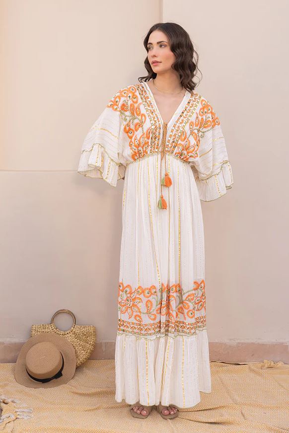 White Orange Paisley Boho Maxi Dress | Hand-Embroidered Cotton Tiered Gown with Mirror Work, Ruffle Sleeves & Tassel Tie | Summer Festival Resort Dress