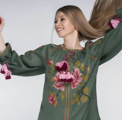 Green Floral Embroidered Cotton Boho Top | Oversized Tassel Sleeve Peasant Blouse with Pink Red Flower Embroidery | Summer Boho Chic Resort Top for Women