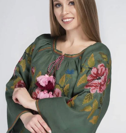 Green Floral Embroidered Cotton Boho Top | Oversized Tassel Sleeve Peasant Blouse with Pink Red Flower Embroidery | Summer Boho Chic Resort Top for Women