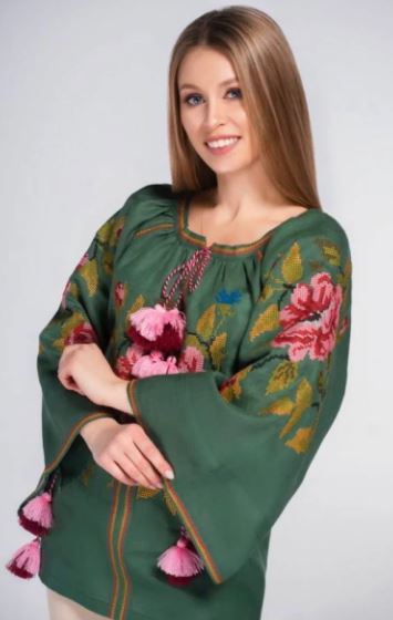 Green Floral Embroidered Cotton Boho Top | Oversized Tassel Sleeve Peasant Blouse with Pink Red Flower Embroidery | Summer Boho Chic Resort Top for Women