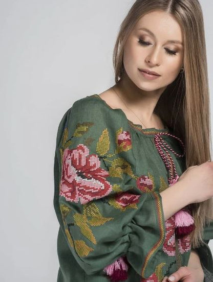 Green Floral Embroidered Cotton Boho Top | Oversized Tassel Sleeve Peasant Blouse with Pink Red Flower Embroidery | Summer Boho Chic Resort Top for Women