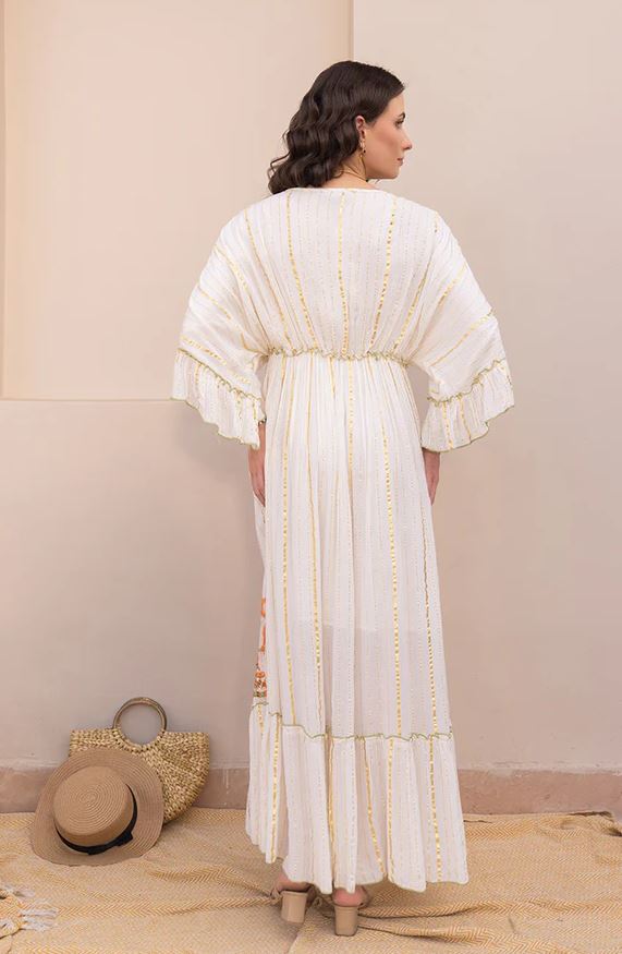 White Boho Maxi Dress | Orange Paisley Hand-Embroidered Cotton Tiered Gown with Mirror Work & Tassel Tie | Flowy Resort Festival Dress