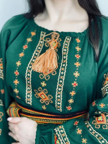 Women's Green Hand-Embroidered Cotton Midi Dress – Traditional Folk Embroidery with Tassel & Woven Belt | Bohemian Ethnic Fashion