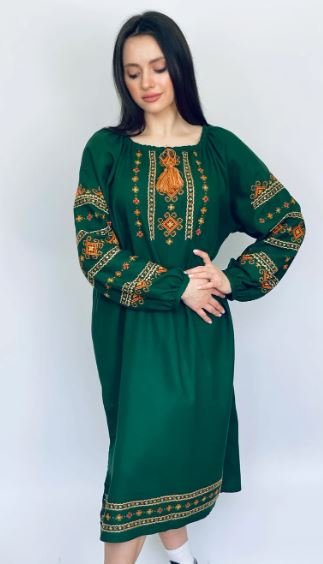 Women's Green Hand-Embroidered Cotton Midi Dress – Traditional Folk Embroidery with Tassel & Woven Belt | Bohemian Ethnic Fashion