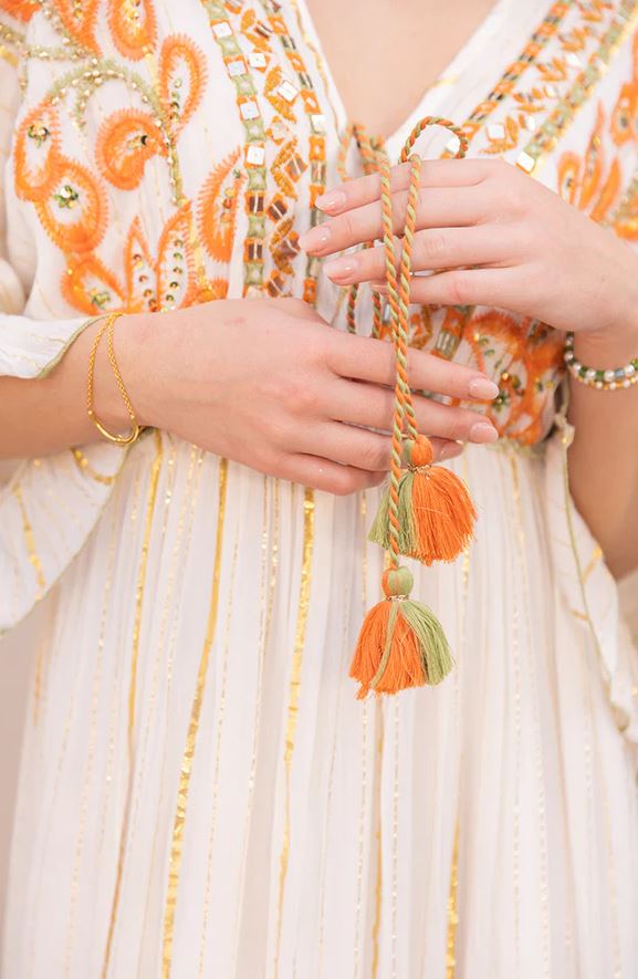 White Boho Maxi Dress | Orange Paisley Hand-Embroidered Cotton Tiered Gown with Mirror Work & Tassel Tie | Flowy Resort Festival Dress