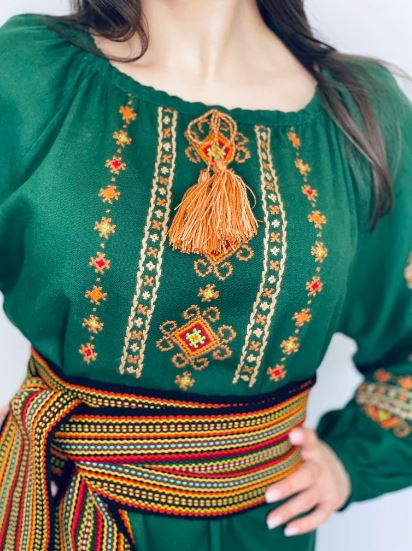 Women's Green Hand-Embroidered Cotton Midi Dress – Traditional Folk Embroidery with Tassel & Woven Belt | Bohemian Ethnic Fashion