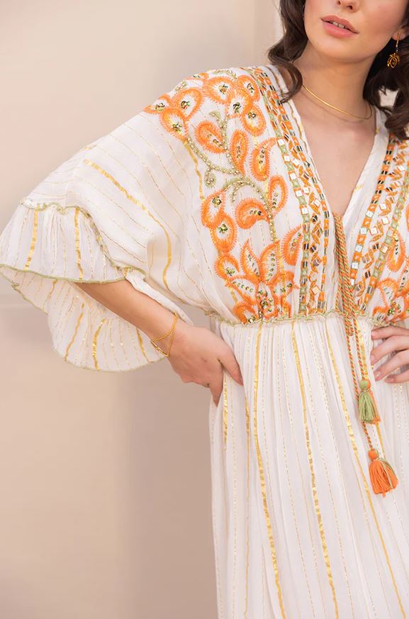 White Boho Maxi Dress | Orange Paisley Hand-Embroidered Cotton Tiered Gown with Mirror Work & Tassel Tie | Flowy Resort Festival Dress