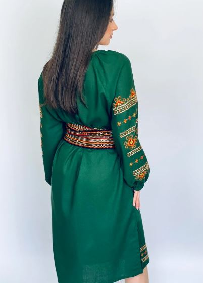 Women's Green Hand-Embroidered Cotton Midi Dress – Traditional Folk Embroidery with Tassel & Woven Belt | Bohemian Ethnic Fashion