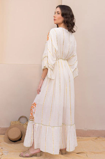 White Boho Maxi Dress | Orange Paisley Hand-Embroidered Cotton Tiered Gown with Mirror Work & Tassel Tie | Flowy Resort Festival Dress