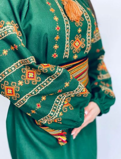 Women's Green Hand-Embroidered Cotton Midi Dress – Traditional Folk Embroidery with Tassel & Woven Belt | Bohemian Ethnic Fashion