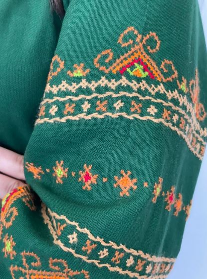 Women's Green Hand-Embroidered Cotton Midi Dress – Traditional Folk Embroidery with Tassel & Woven Belt | Bohemian Ethnic Fashion