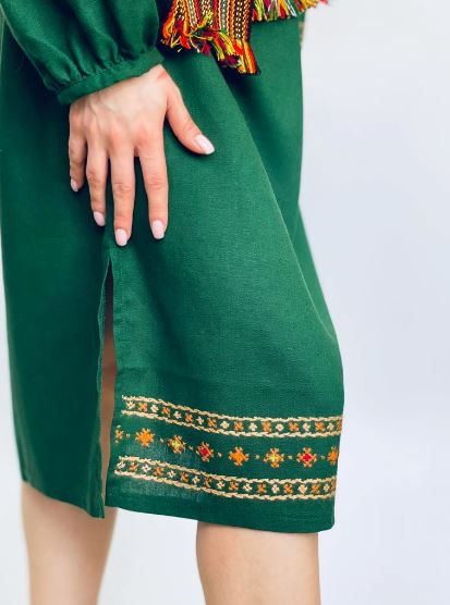 Women's Green Hand-Embroidered Cotton Midi Dress – Traditional Folk Embroidery with Tassel & Woven Belt | Bohemian Ethnic Fashion