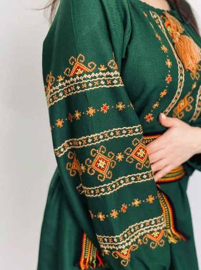 Women's Green Hand-Embroidered Cotton Midi Dress – Traditional Folk Embroidery with Tassel & Woven Belt | Bohemian Ethnic Fashion