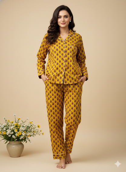 Pikaru Fashion Handmade Cotton Block Print Pajama Set | Boho Loungewear for Women | Breathable Organic Cotton Nightwear PJ Set with Matching Pouch