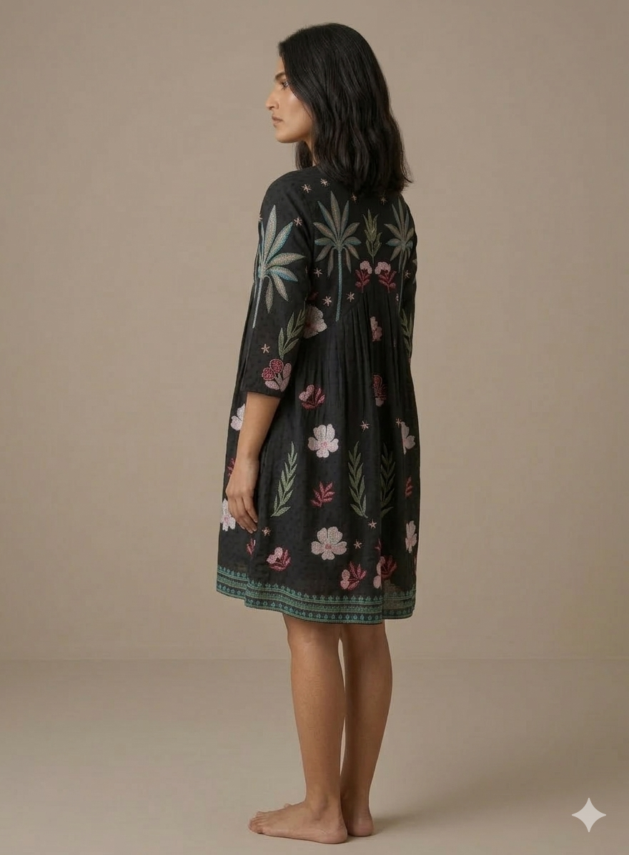 Black Cotton Palm Tree Embroidered Mini Dress