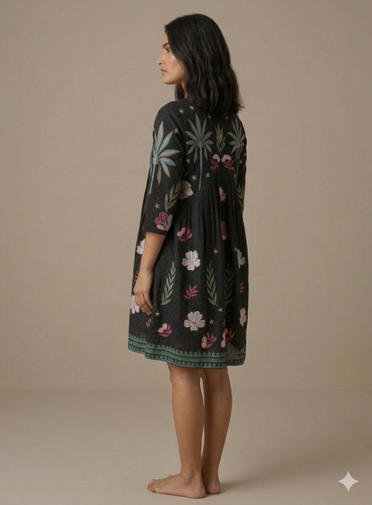 Black Cotton Palm Tree Embroidered Mini Dress