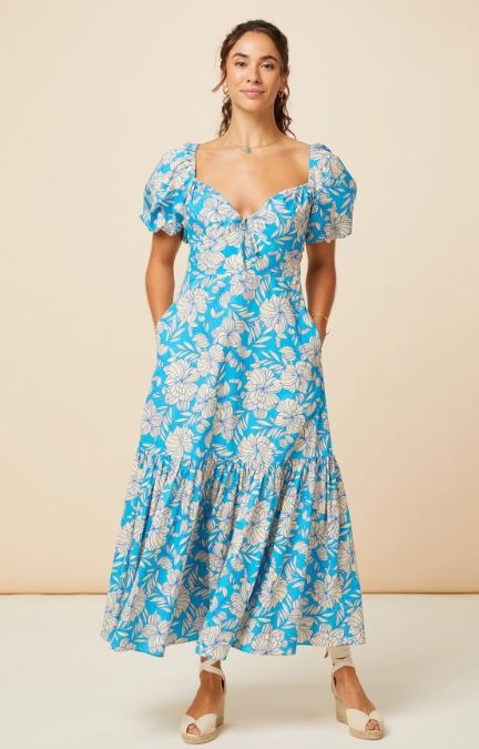 Vibrant Blue Floral Cotton Puff Sleeve Midi Dress – Summer Boho Chic